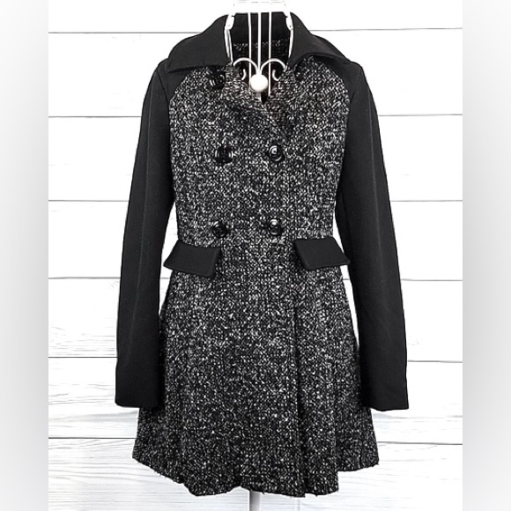 Velvet Heart Black and Gray Tweed Wool Blend Double Breasted Trench Coat 10 12